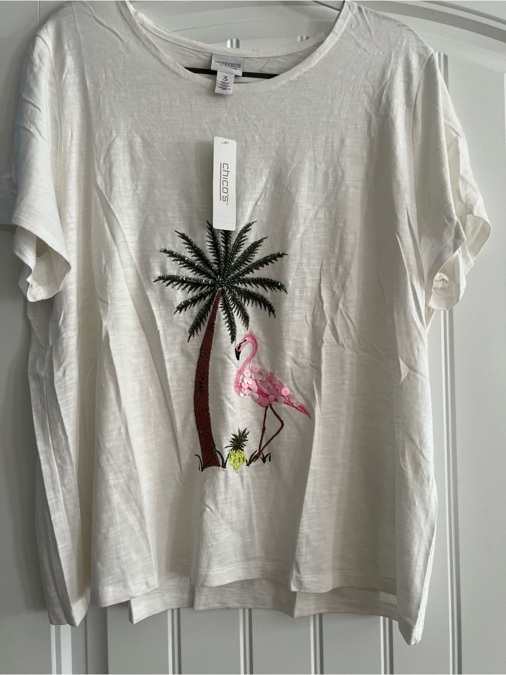 Chico's women’s White Tee with Pink Flamingo & Green Palm Graphic
